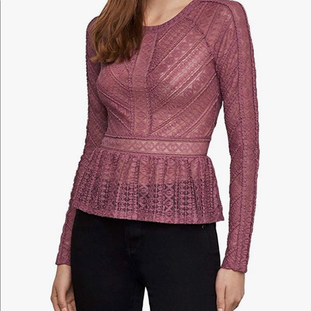 BCBGMAXAZRIA Women’s Long Sleeve Lace Peplum top